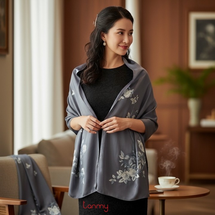 Silk scarf hand-embroidered with flower and leaf 40*200 cm-Model 3